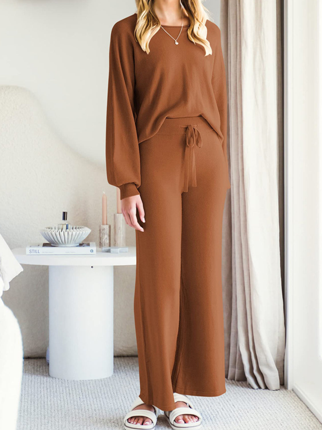 Long Sleeve Lounge Top and Drawstring Pants Set - Lilixa.store