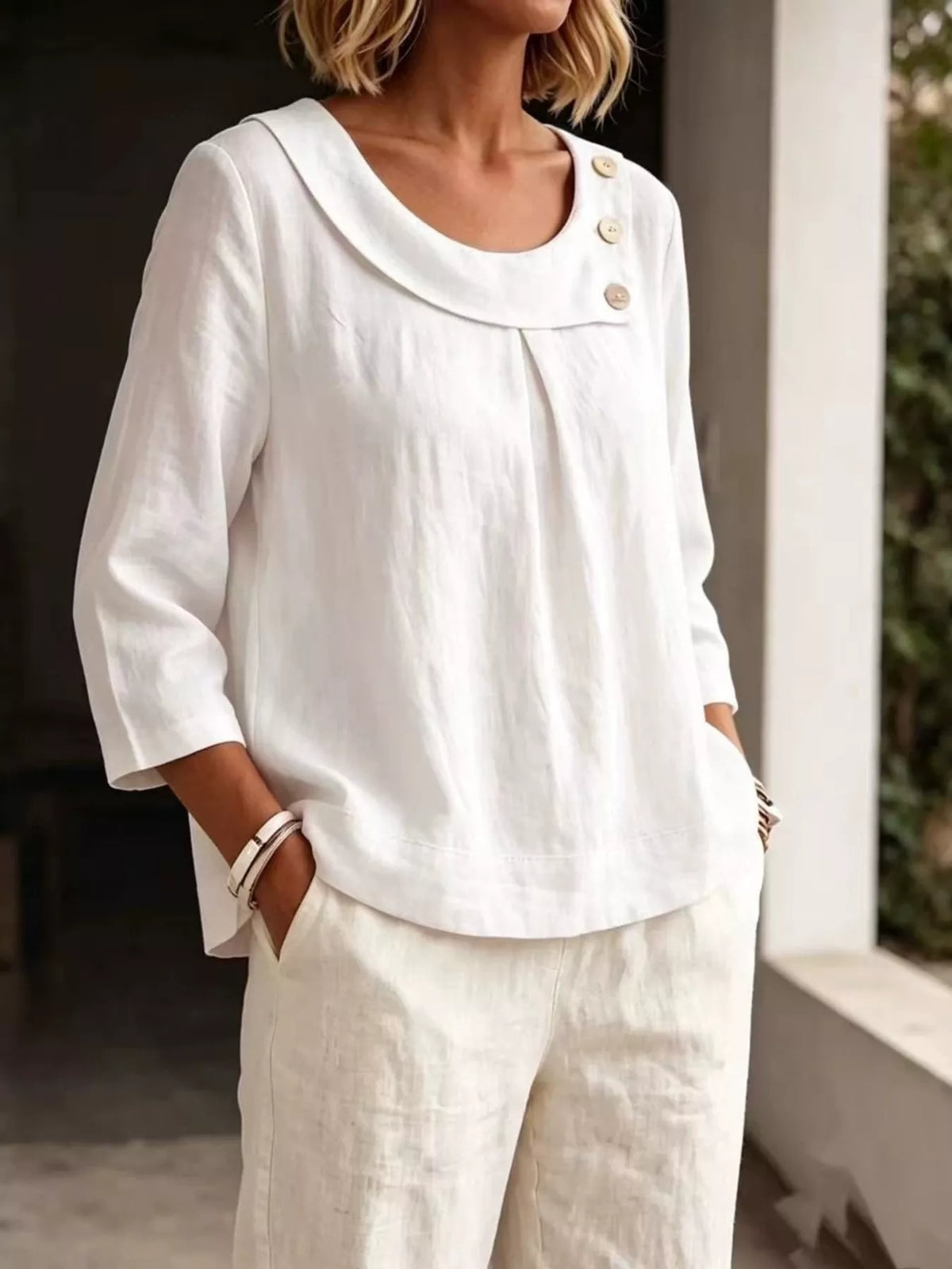 Linen Blend Blouse with Decorative Buttons, view 3
