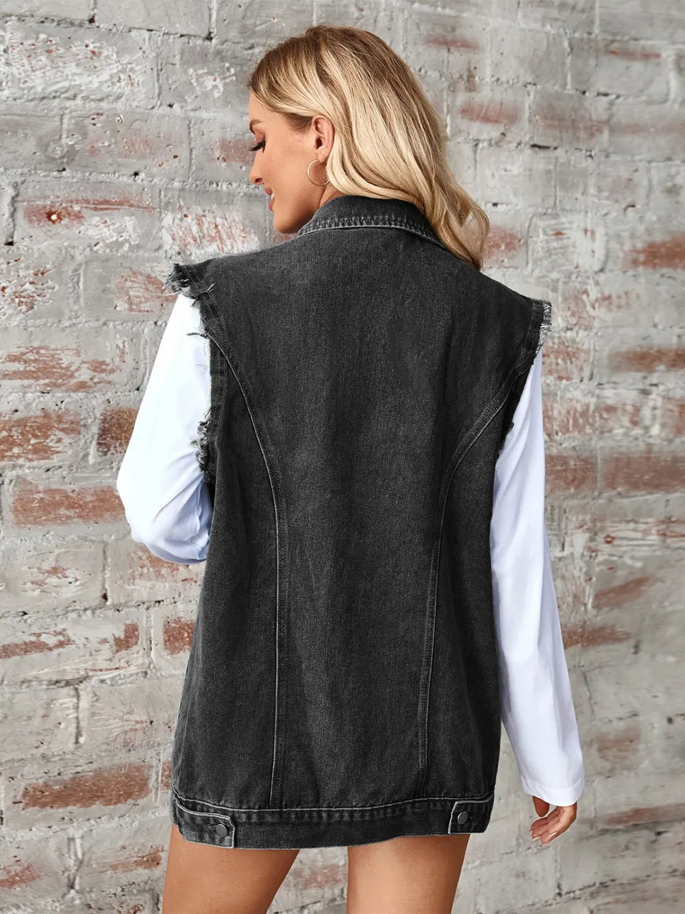 Raw Hem Sleeveless Button Up Denim Jacket, view 6