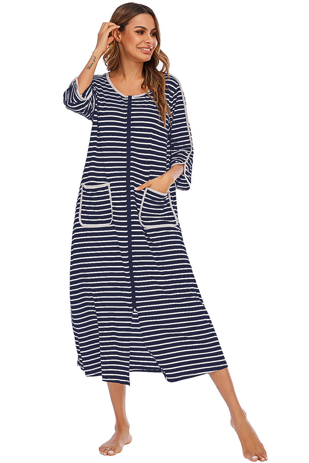 Round Neck Three-Quarter Sleeve Midi Night Dress - Lilixa.store