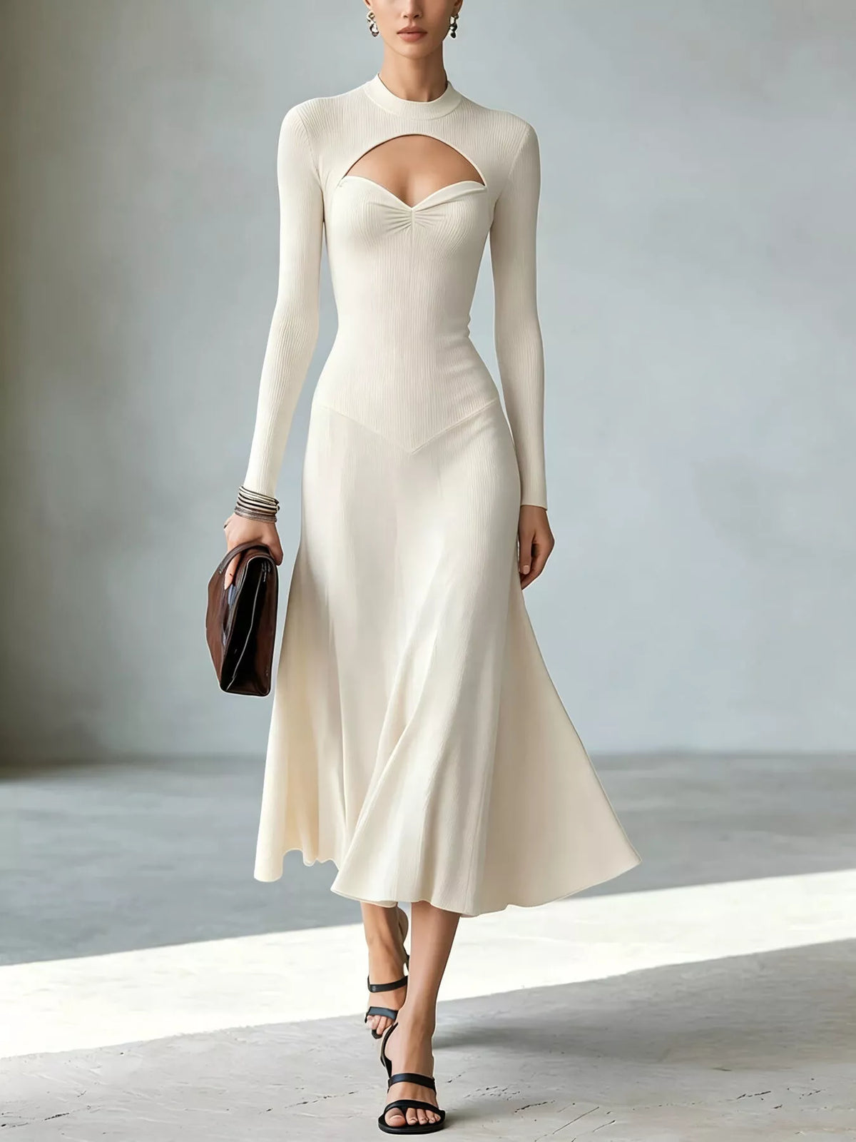 Full Size Mock Neck Cut-Out Long Sleeve Midi Dress Plus Size - Lilixa.store