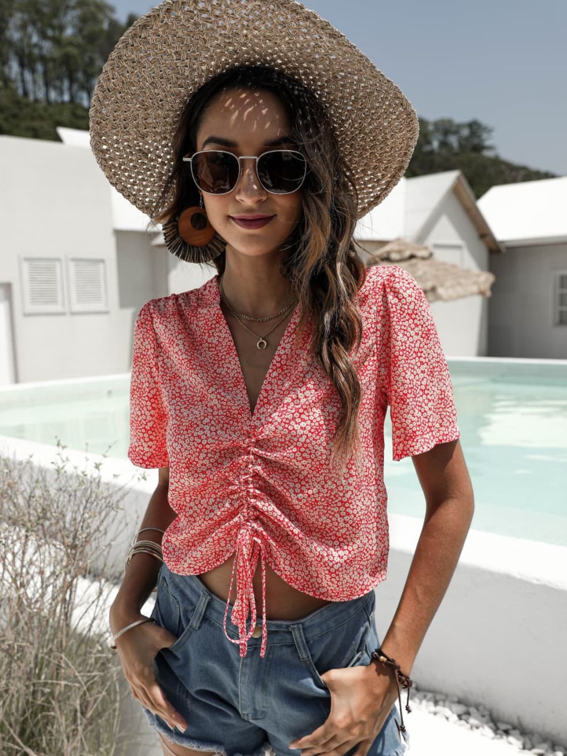 Floral Drawstring Deep V Cropped Blouse, view 3