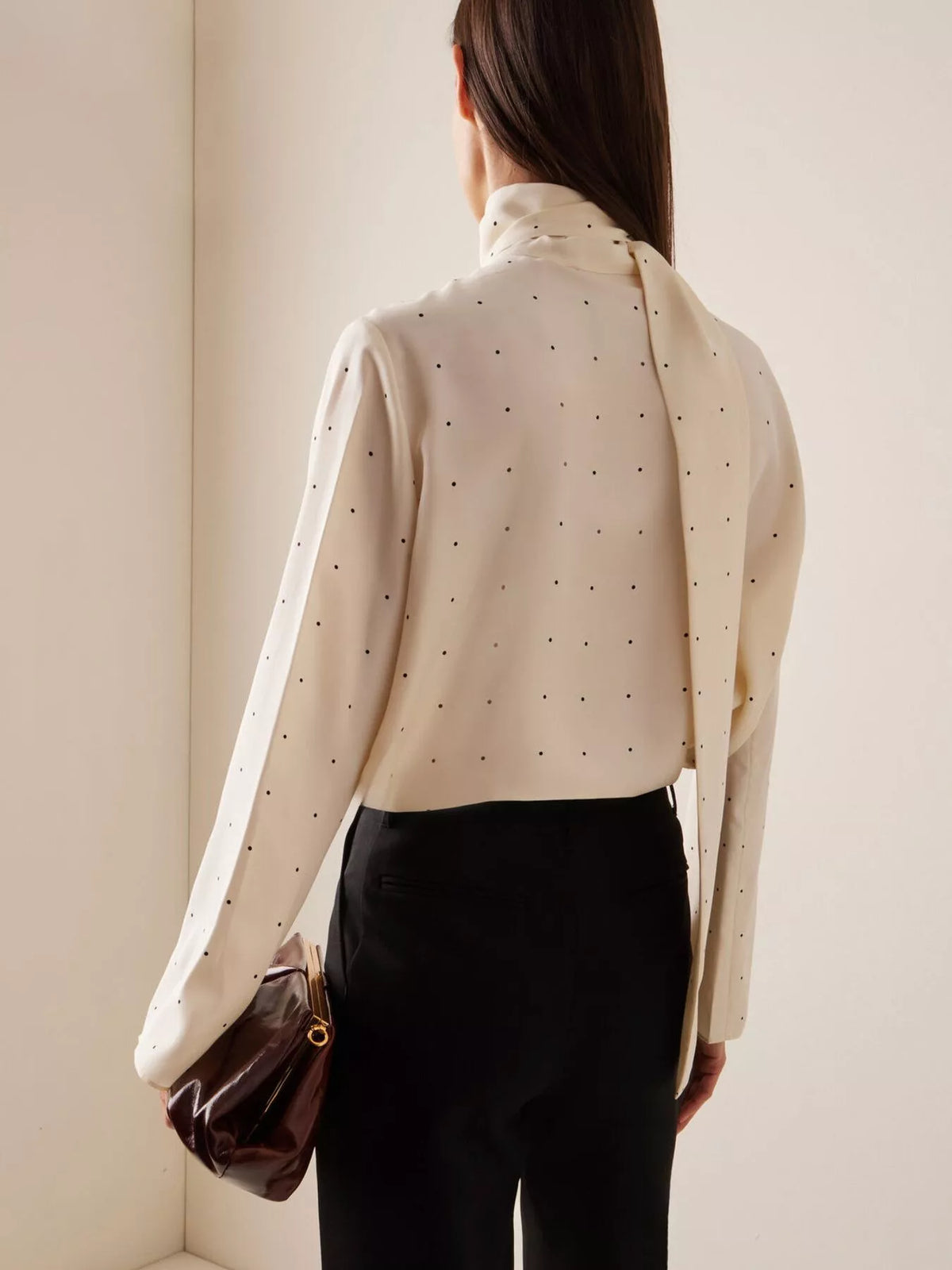 Polka Dot Silk Blouse with Scarf Neck Tie in White, view 7
