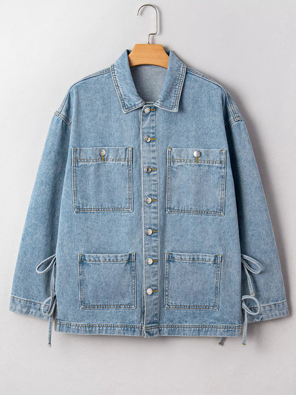 Patched Pockets Side Tie Denim Jacket, view 5