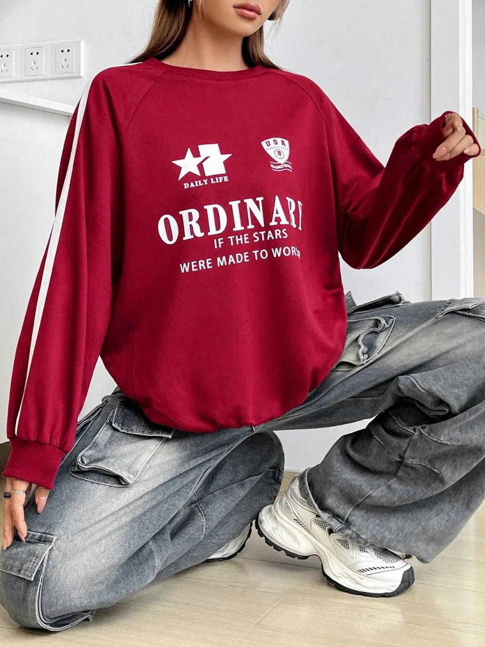 Letter Graphic Round Neck Long Sleeve Sweatshirt - Lilixa.store
