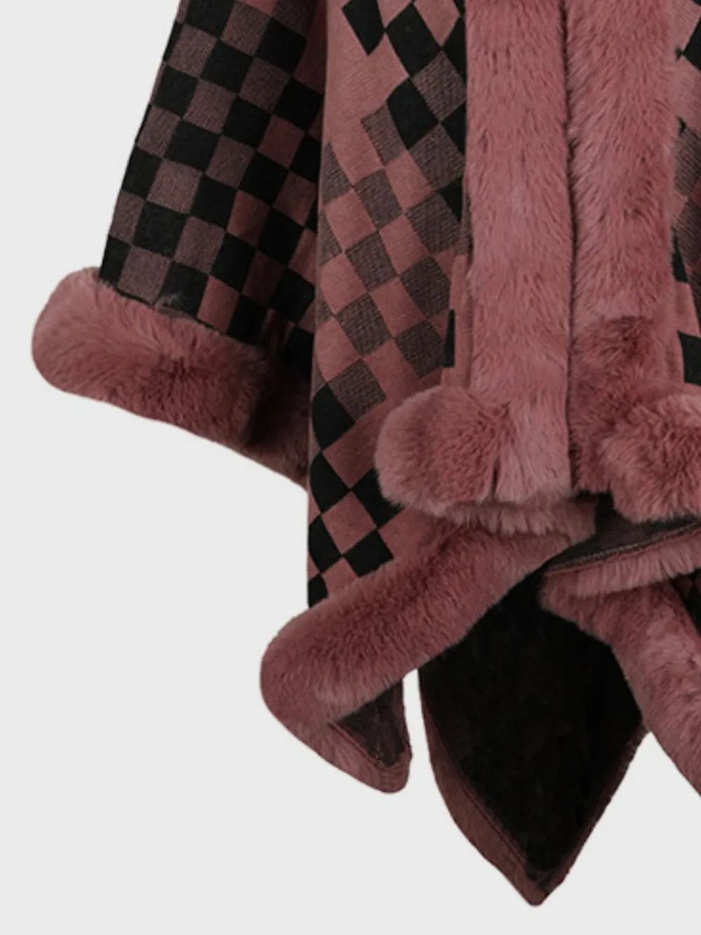 Fuzzy Checkered Long Sleeve Poncho - Lilixa.store