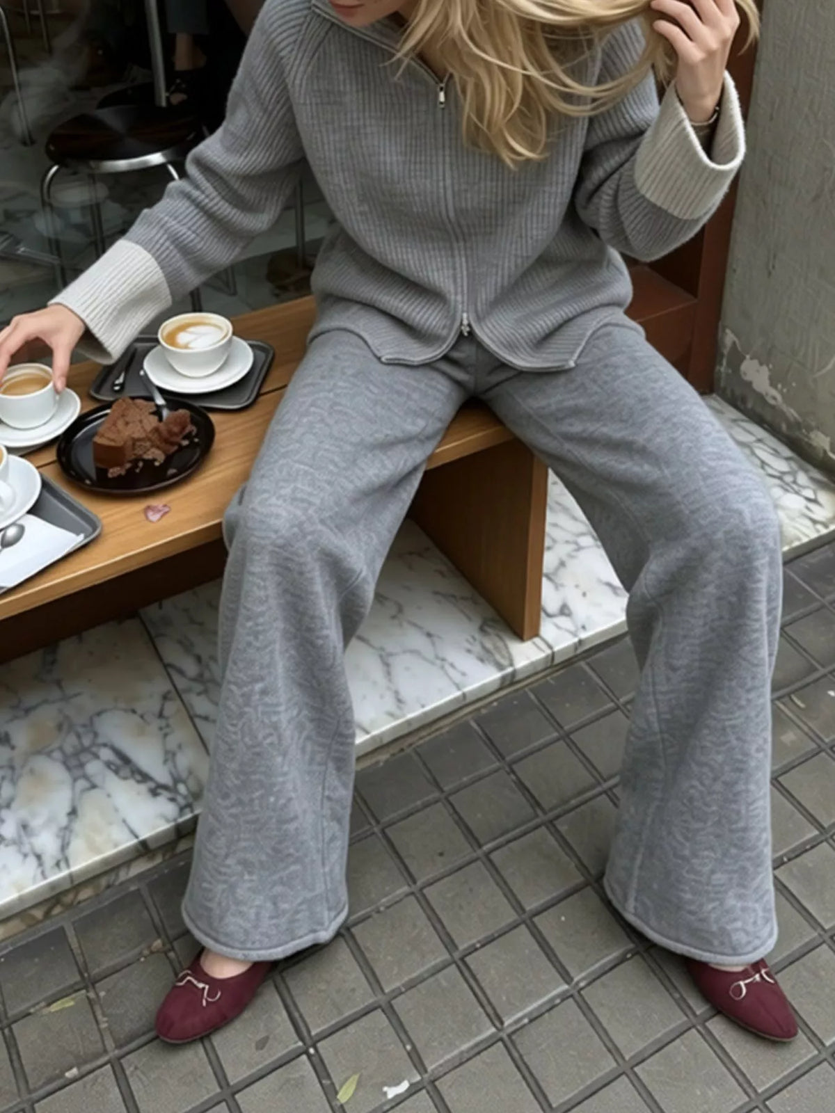 Zip-Up Contrast Cuff Cardigan and Pants Sweater Set, view 12