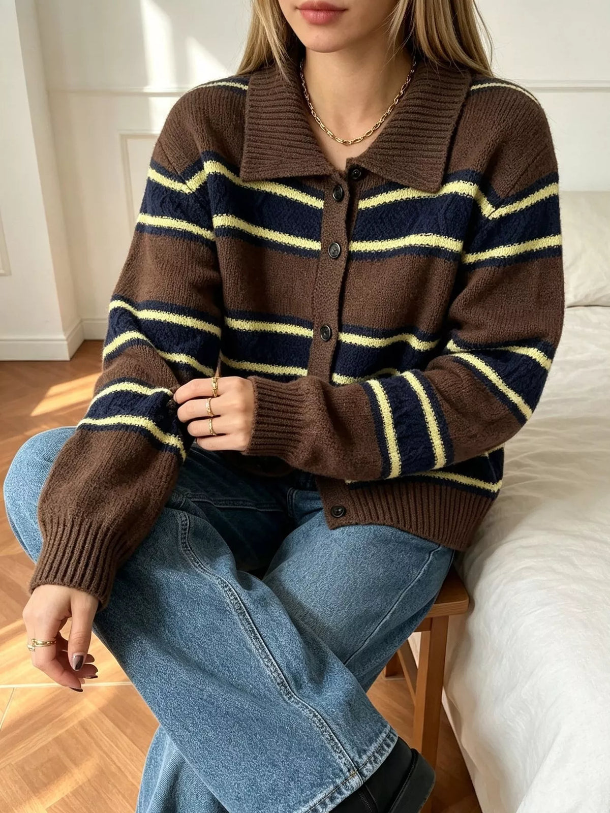Vintage-Inspired Striped Knit Cardigan with Polo Collar, view 9