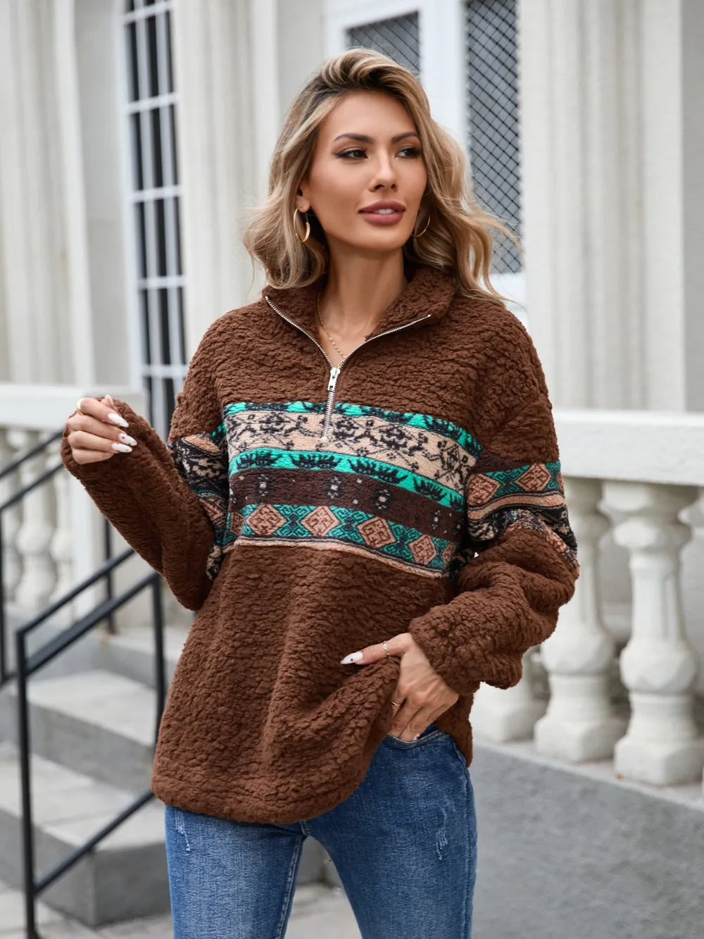 Half Zip Long Sleeve Fuzzy Top - Lilixa.store