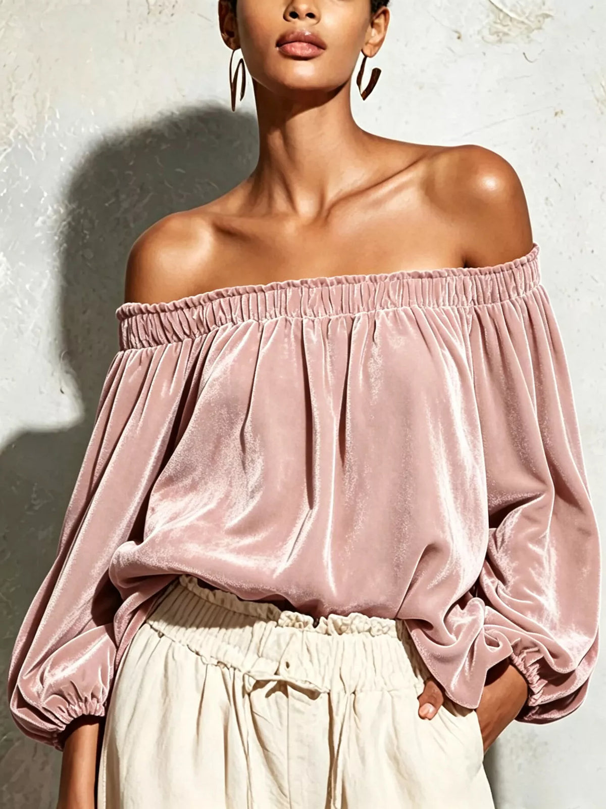 Off-Shoulder Velvet Long Sleeve T-Shirt - Lilixa.store