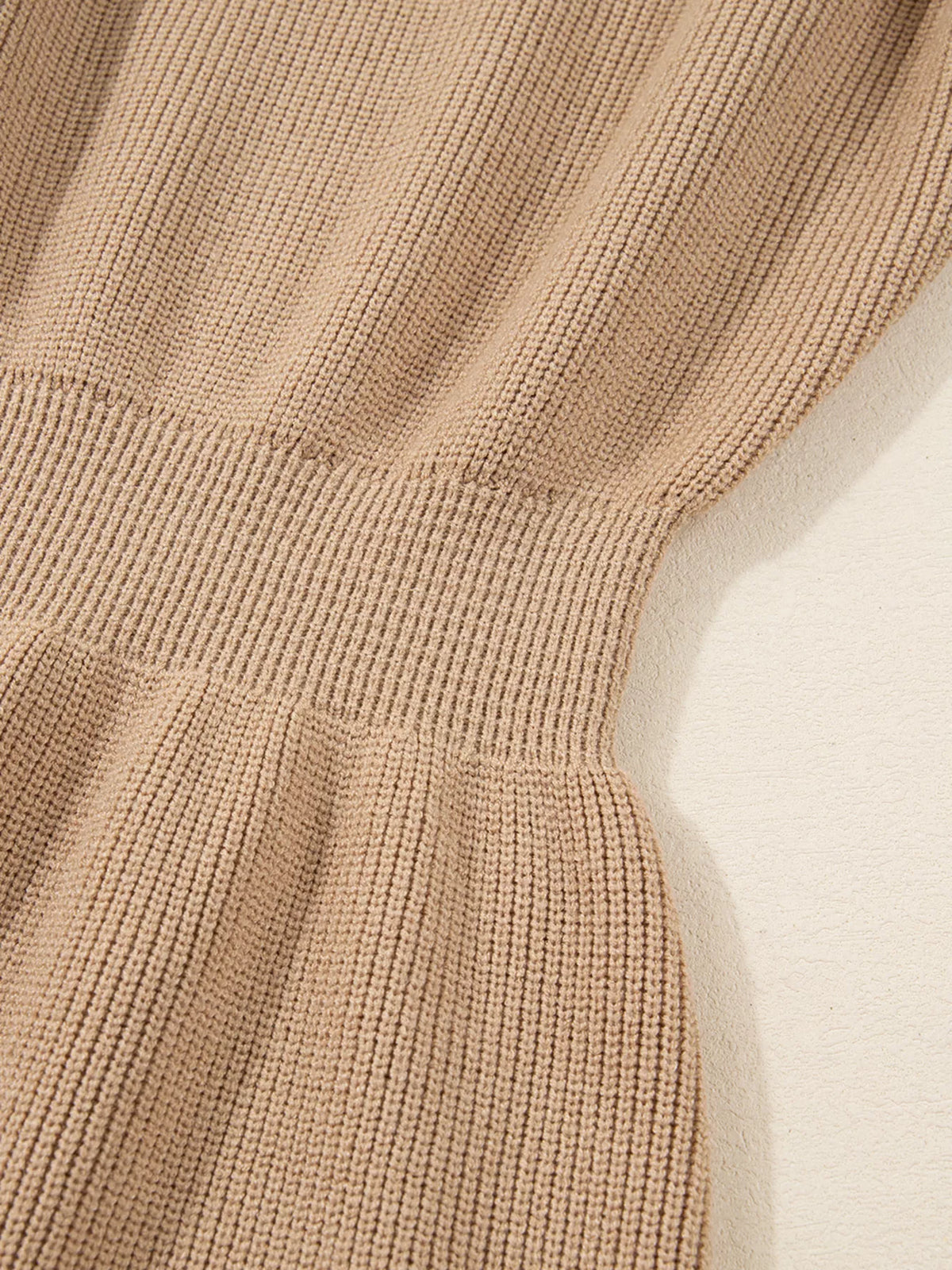 Pearl Embellished Keyhole Ribbed Sweater Dress in Camel, view 13