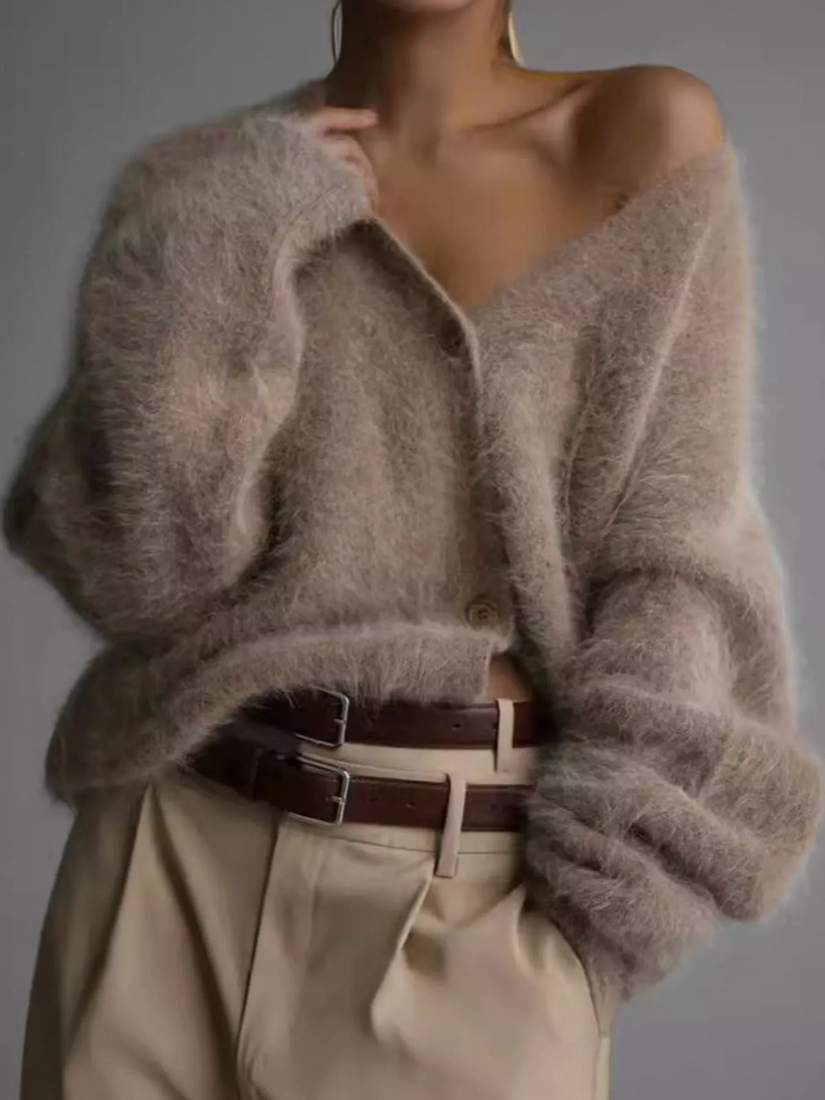 Fuzzy V-Neck Button-Down Cardigan in Camel