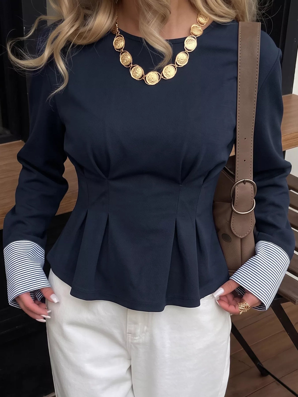 Round Neck Peplum Top with Striped Cuffs in Dark Blue, view 2