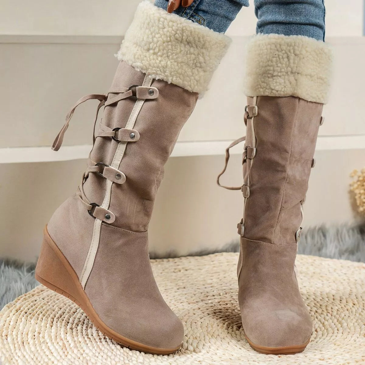 Faux Fur Lined Suede Wedge Boots with Lace-Up Detail in Apricot Color