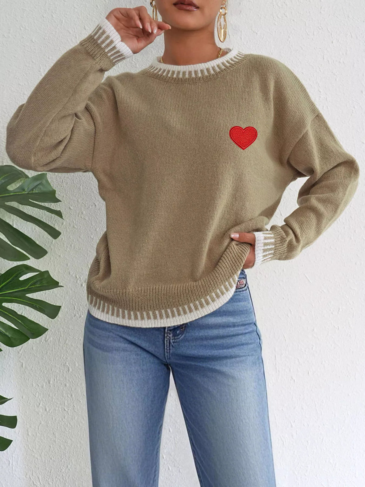 Heart-Embroidered Contrast Trim Sweater