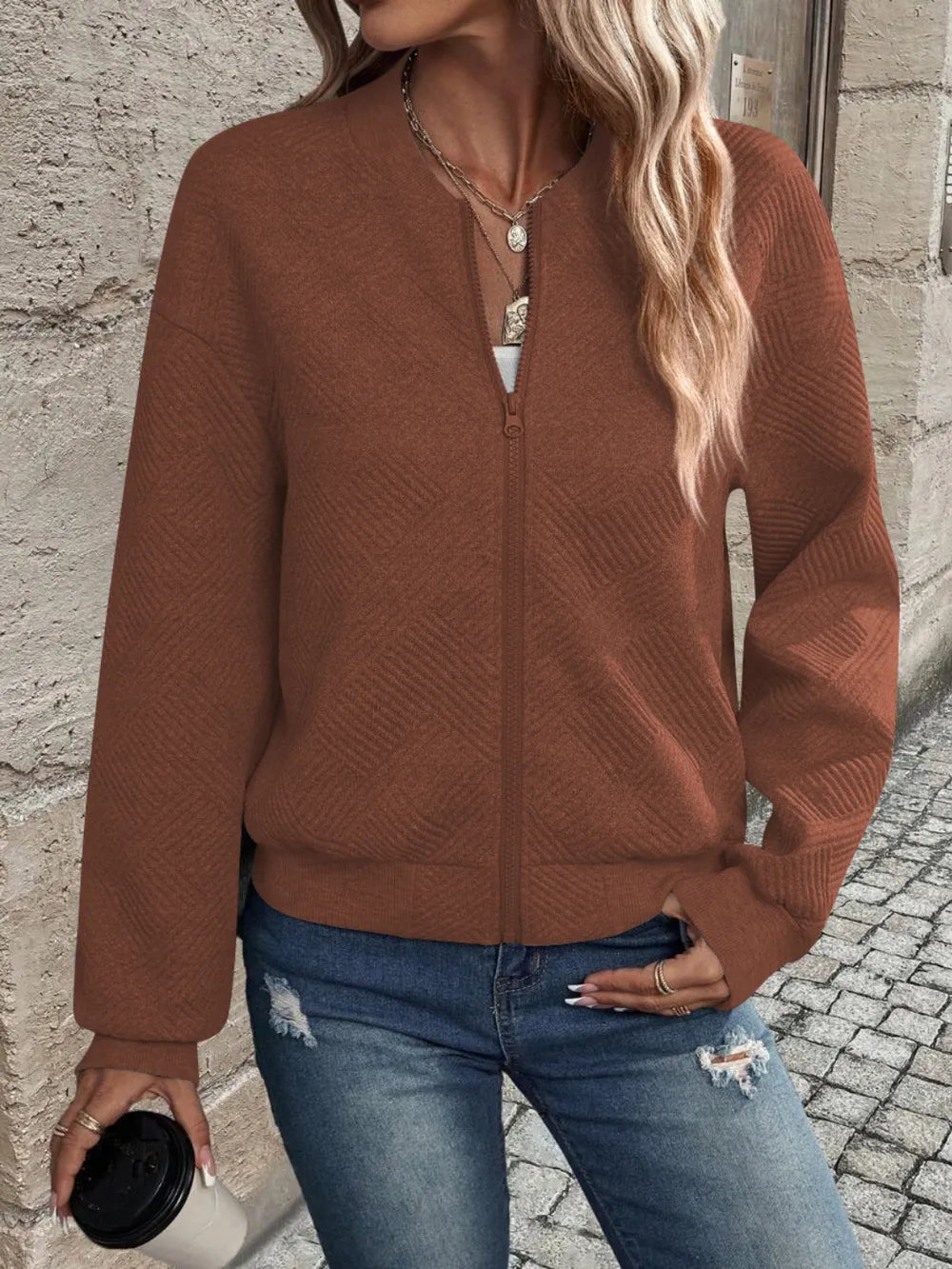 Textured Zip Up Long Sleeve Jacket in Caramel