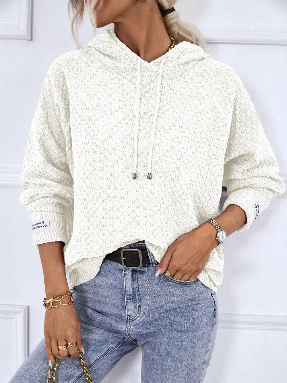 Texture Drawstring Long Sleeve Hooded Sweater, view 9