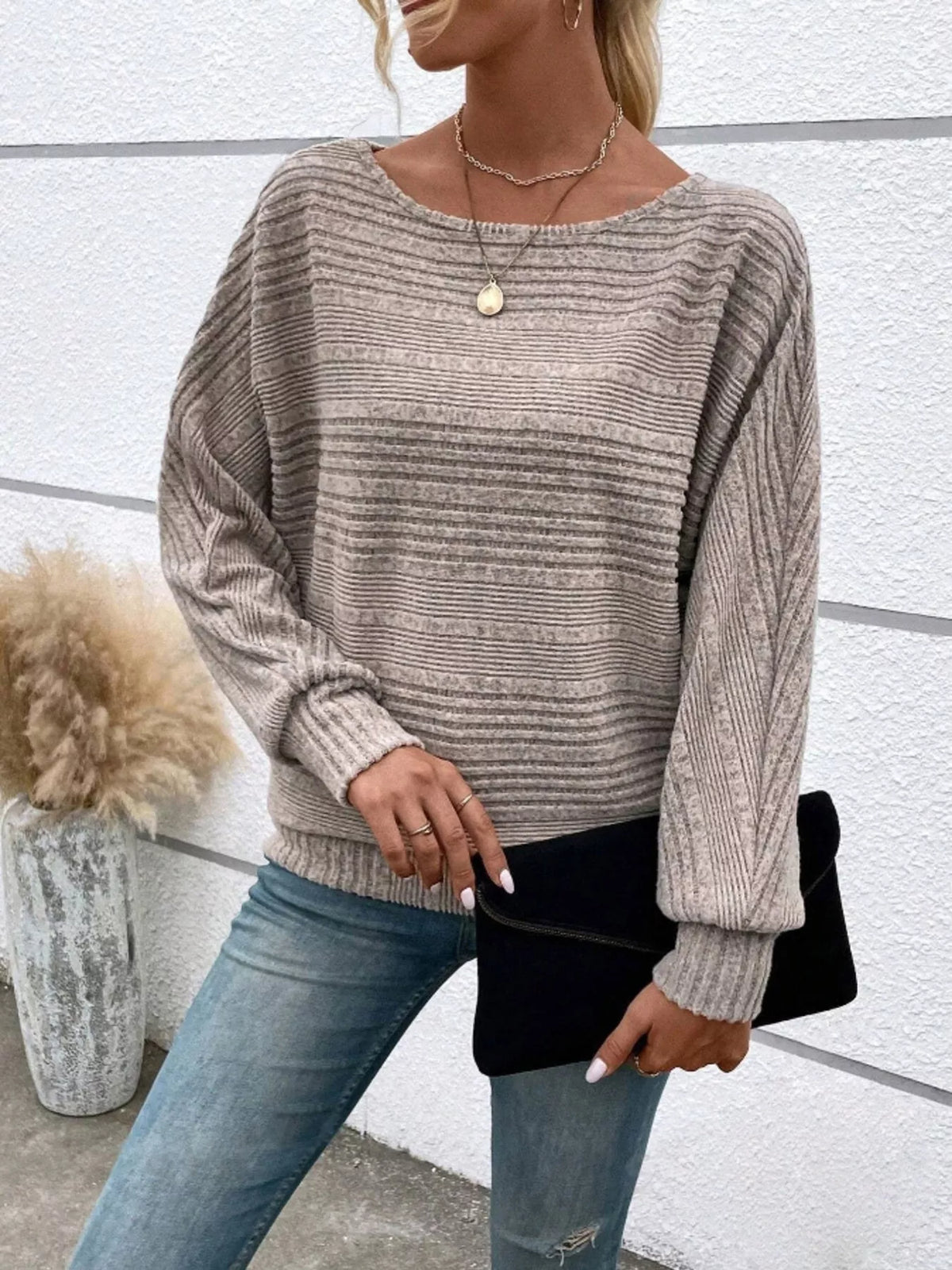 Ribbed Round Neck Long Sleeve Top - Lilixa.store