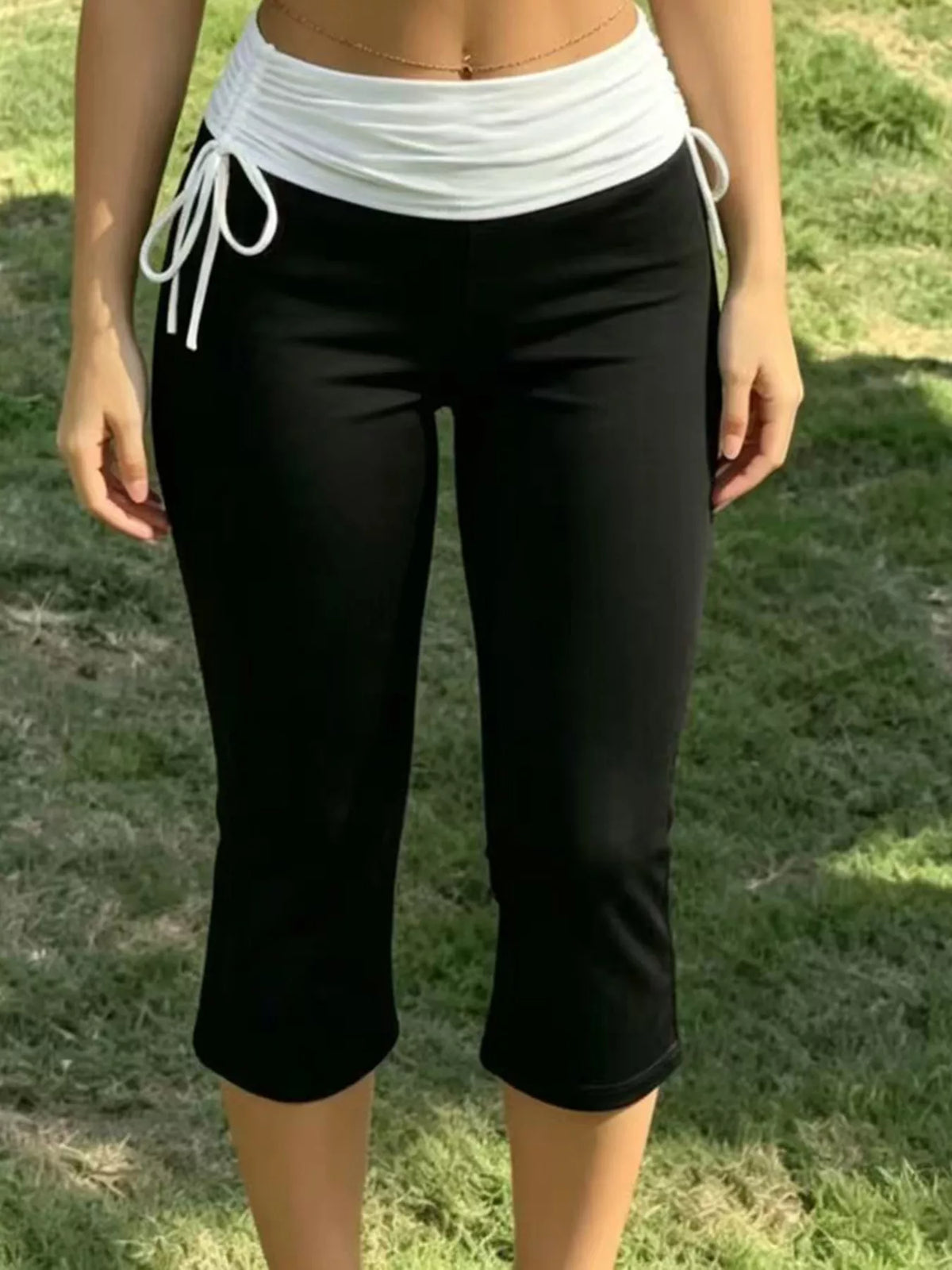 High-Waisted Ruched Drawstring Capri Pants