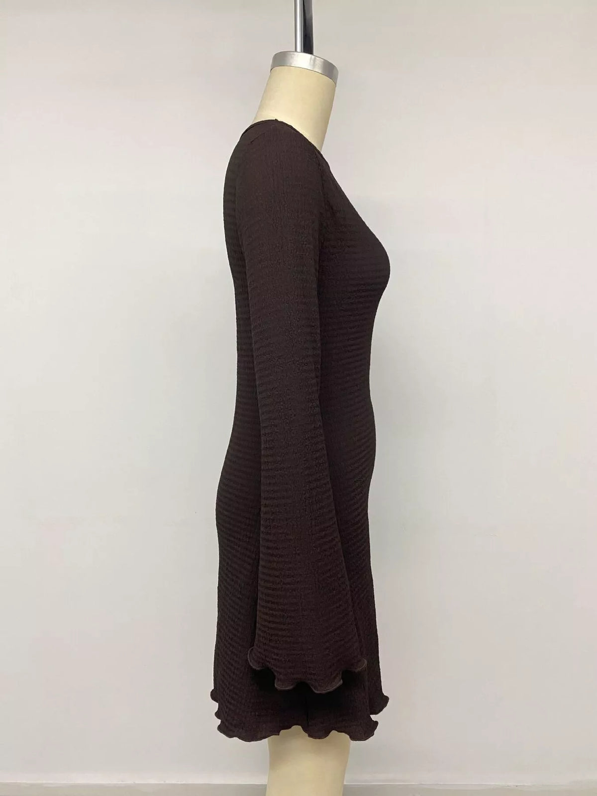 Long-Sleeve Waffle Knit Bodycon Mini Dress in Coffee Brown, view 12