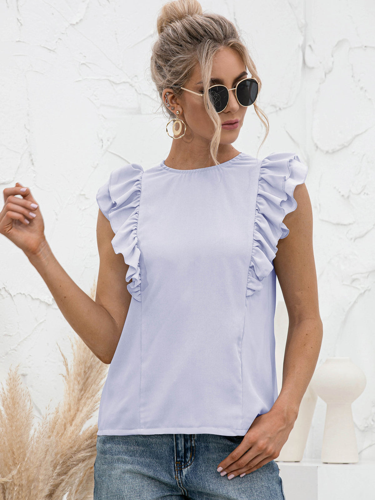 Round Neck Tied Open Back Flutter Sleeve Top, view 4