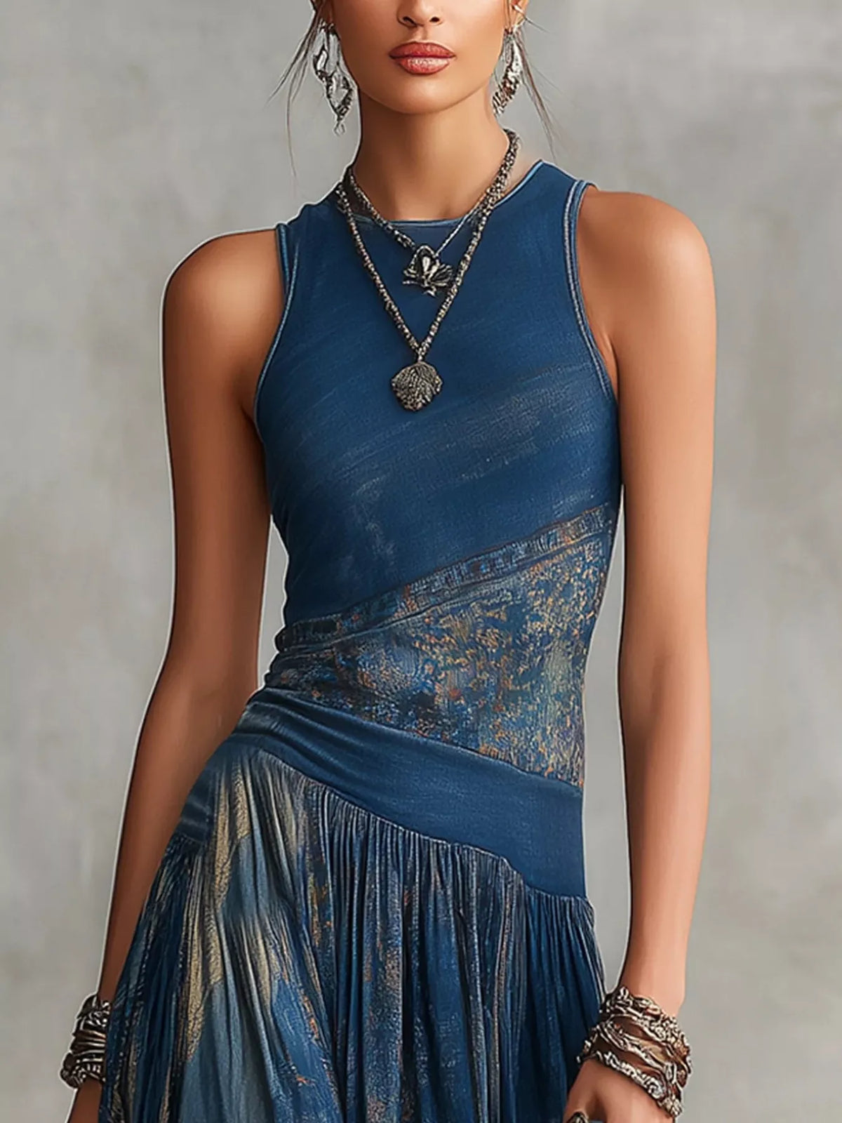 Printed Round Neck Sleeveless Maxi Dress