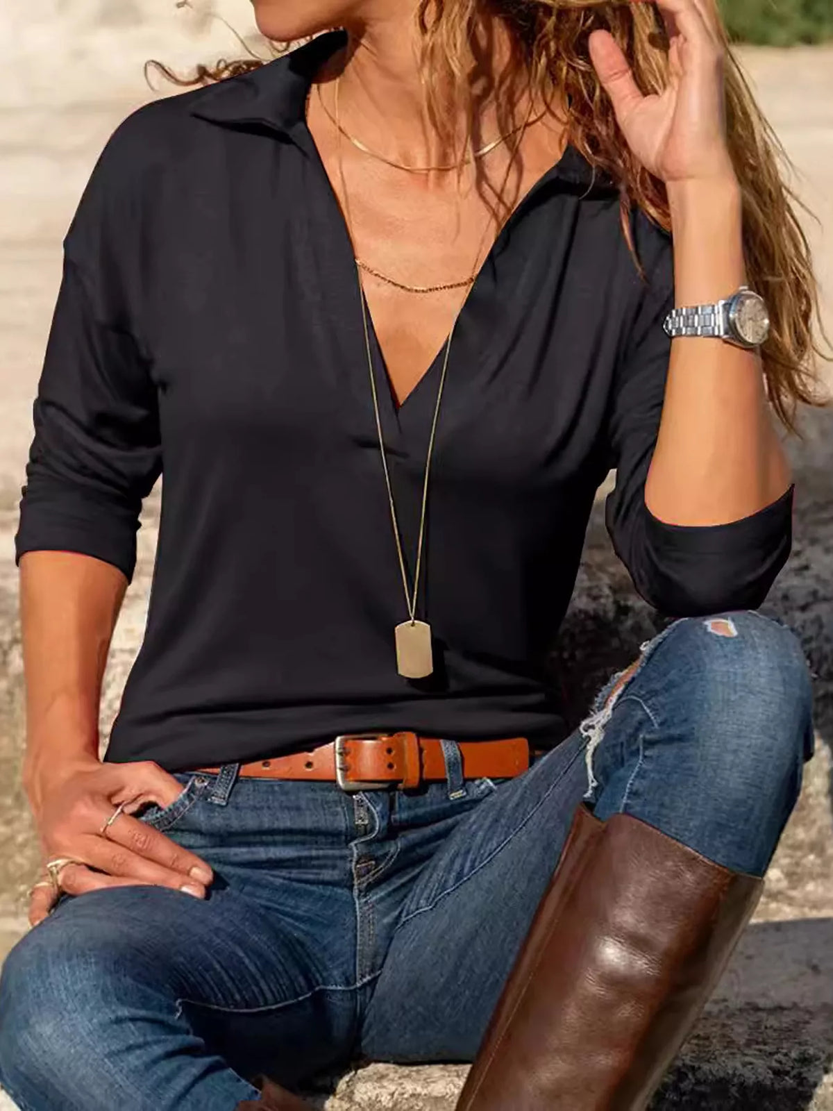 Johnny Collar Long Sleeve Top, view 4