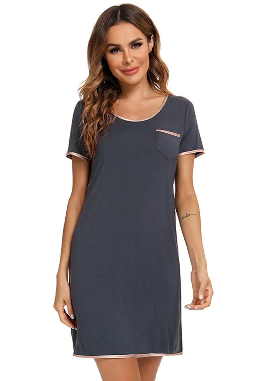 Contrast Trim Pocketed Round Neck Lounge Dress - Lilixa.store