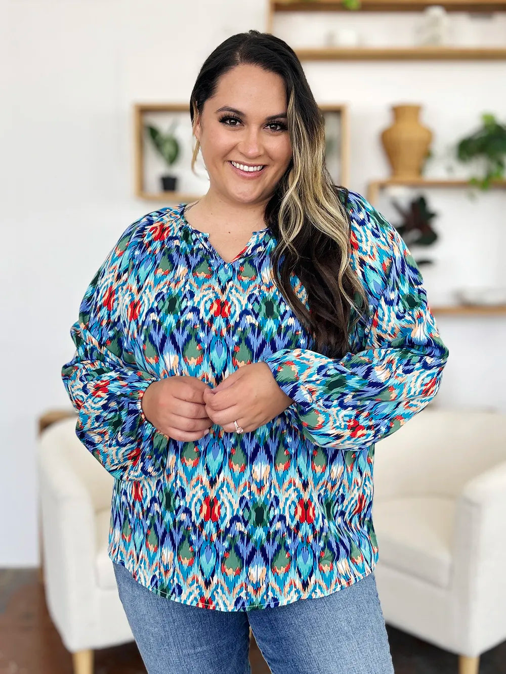 Double Take Full Size Printed Balloon Sleeve Blouse - Lilixa.store
