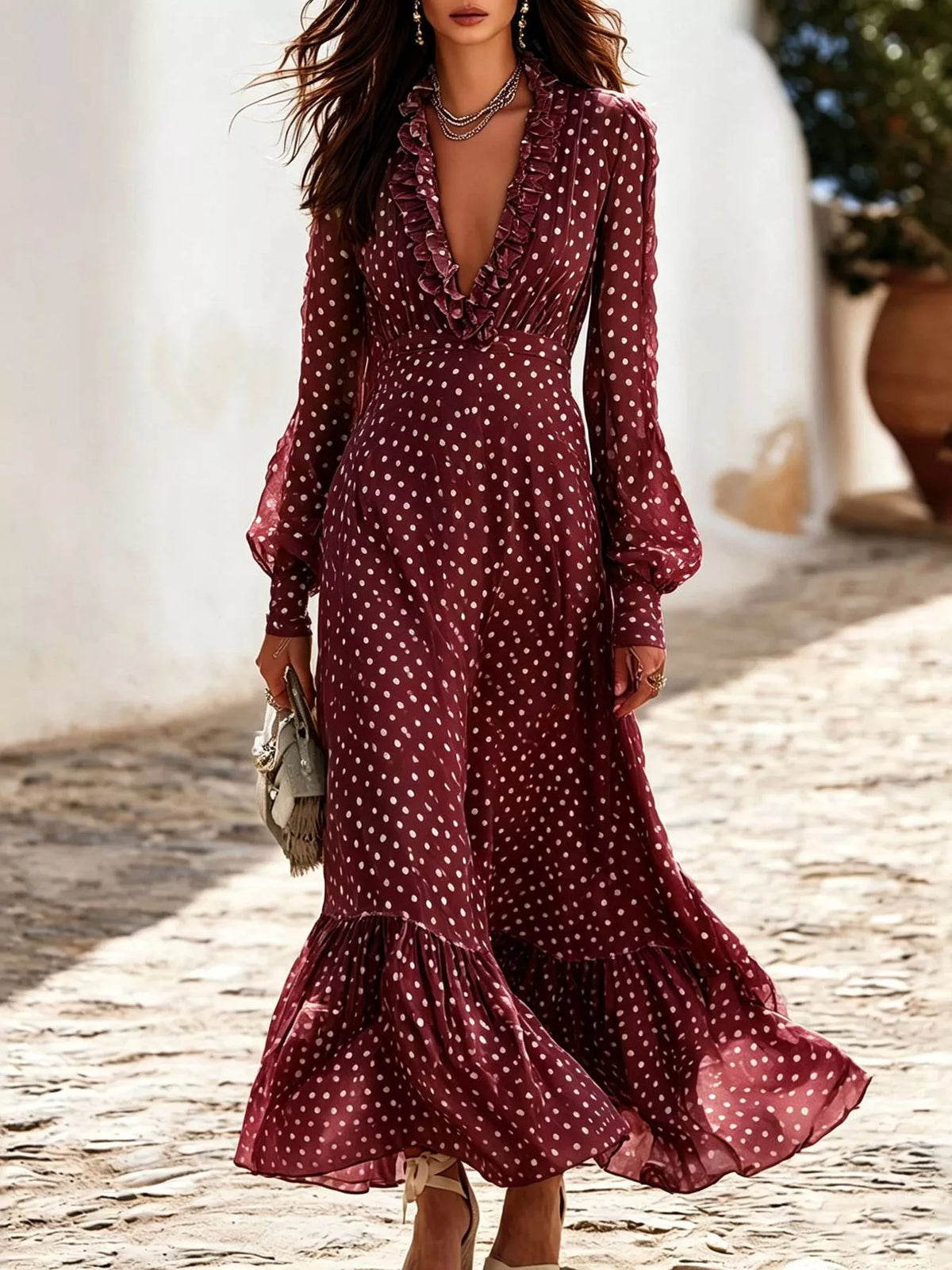 Full Size Polka Dot Ruffle V-Neck Maxi Dress Plus Size - Lilixa.store