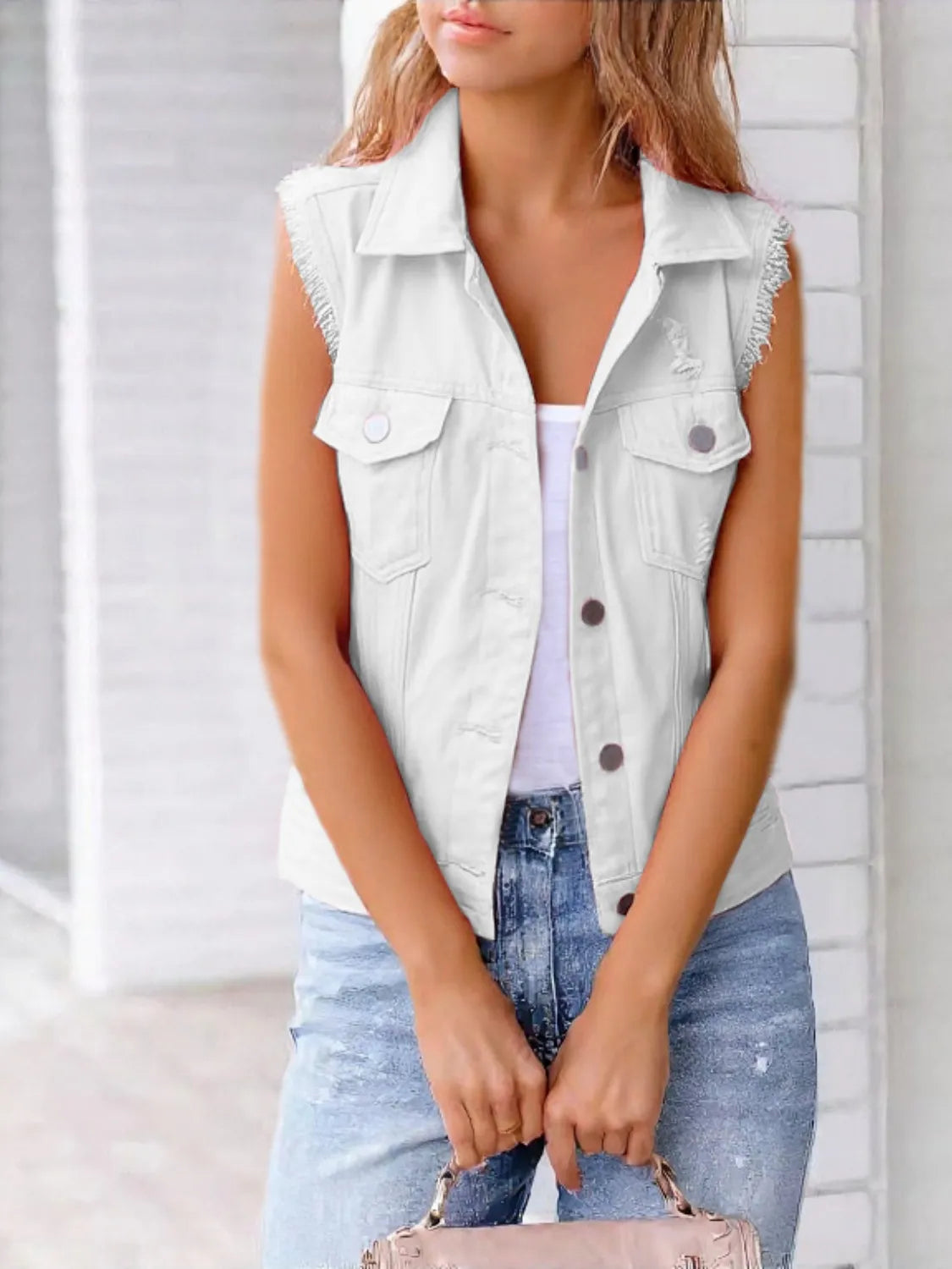 Full Size Sleeveless Frayed Denim Vest Jacket Plus Size in White