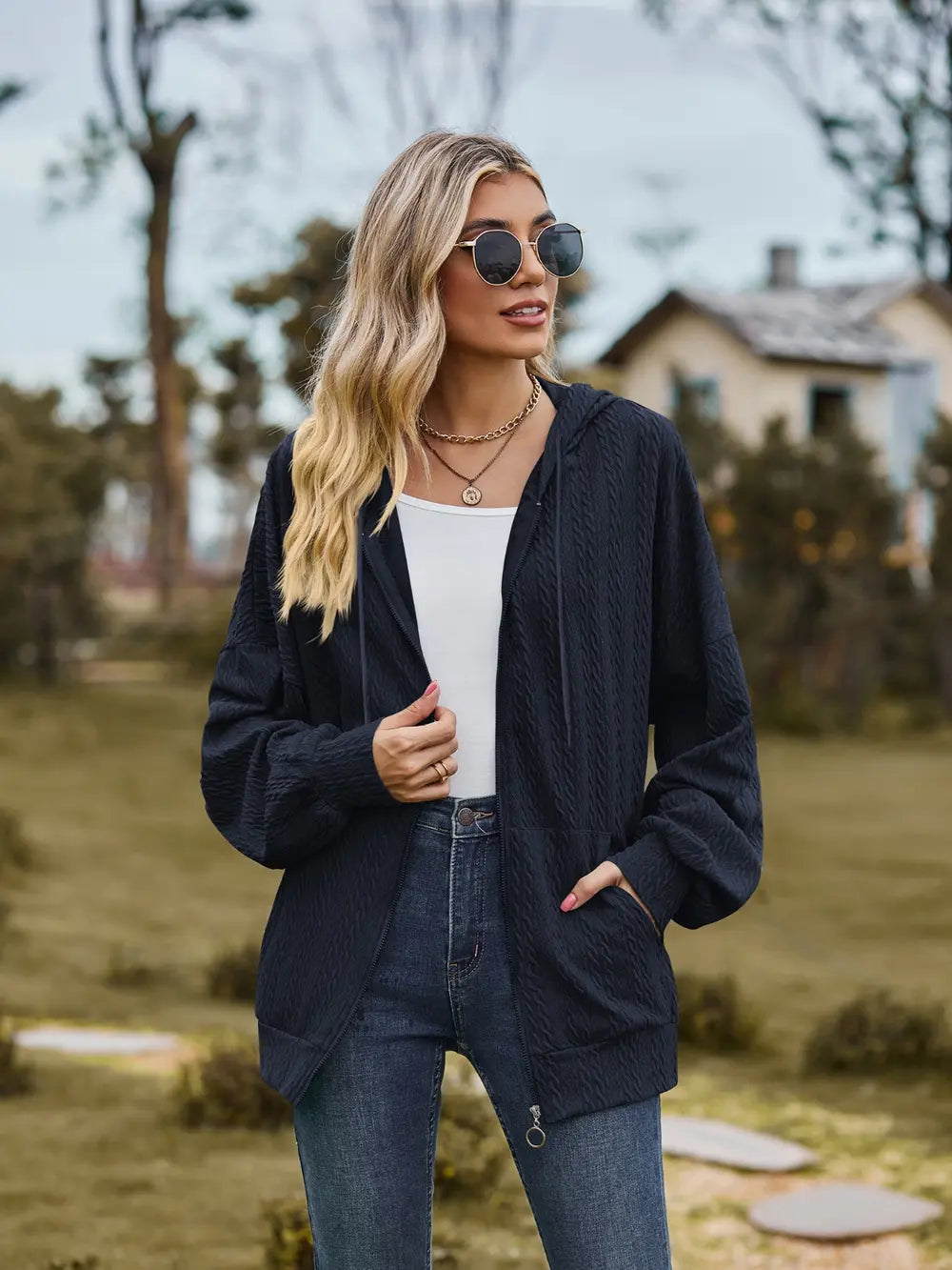 Zip Up Drawstring Long Sleeve Hooded Jacket in Dark Navy