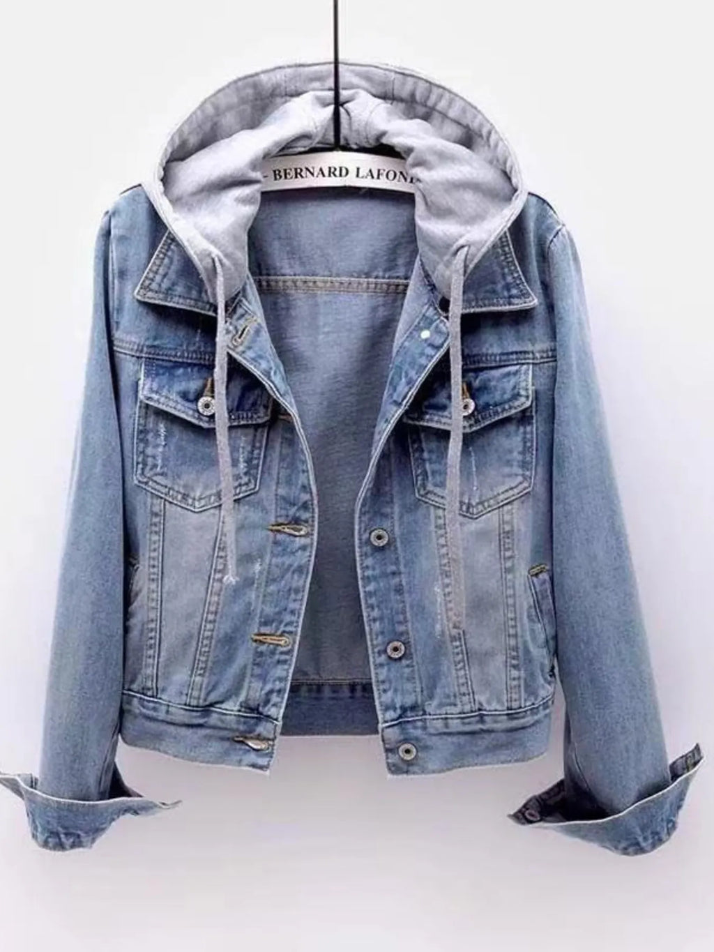 Full Size Button Up Drawstring Hooded Denim Jacket Plus Size, view 3