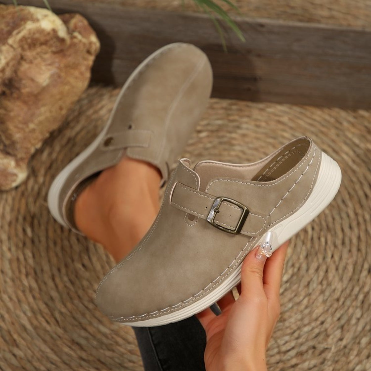Buckle Accent Slip-Ons in Khaki Color