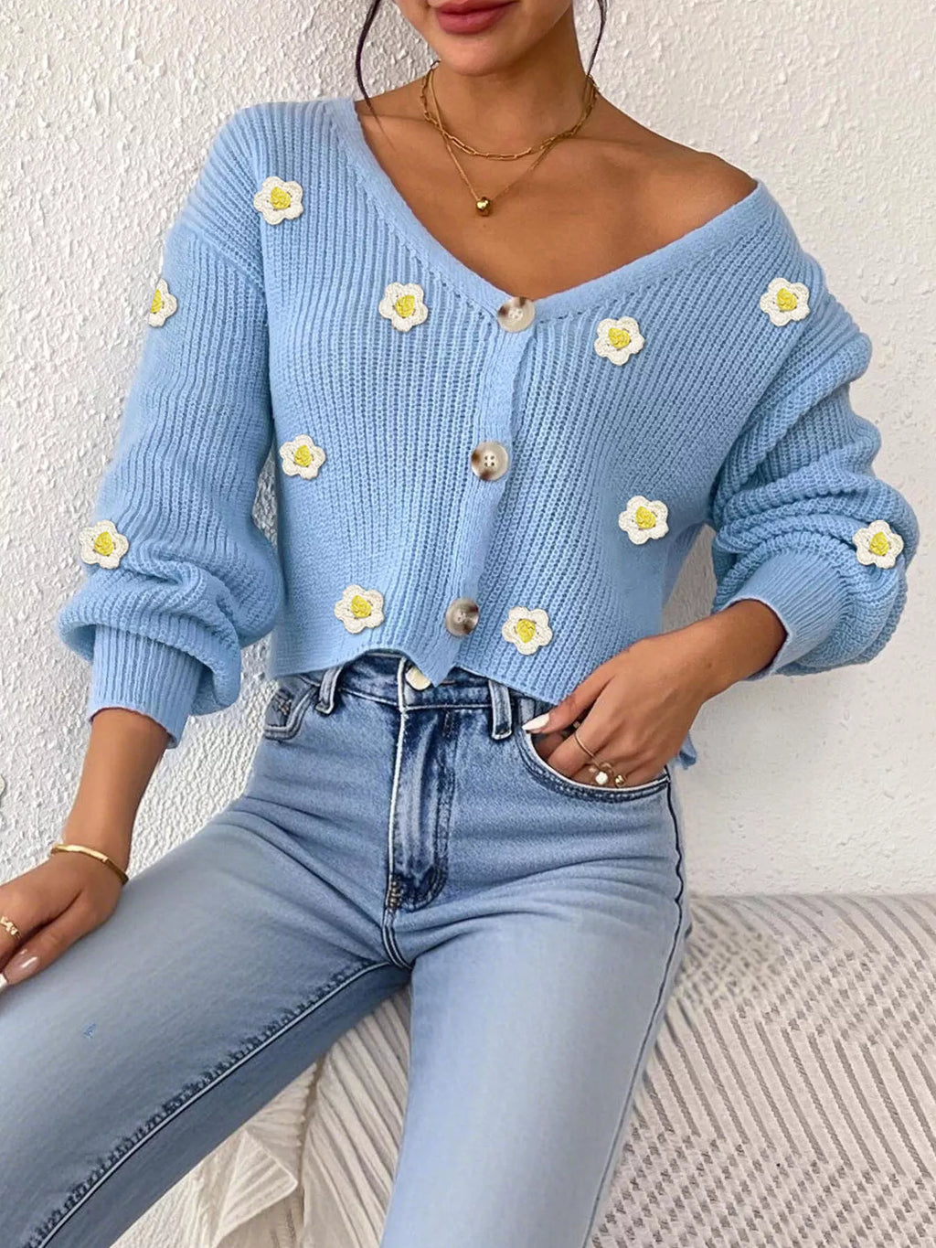 Floral V-Neck Button-Down Cropped Cardigan - Lilixa.store