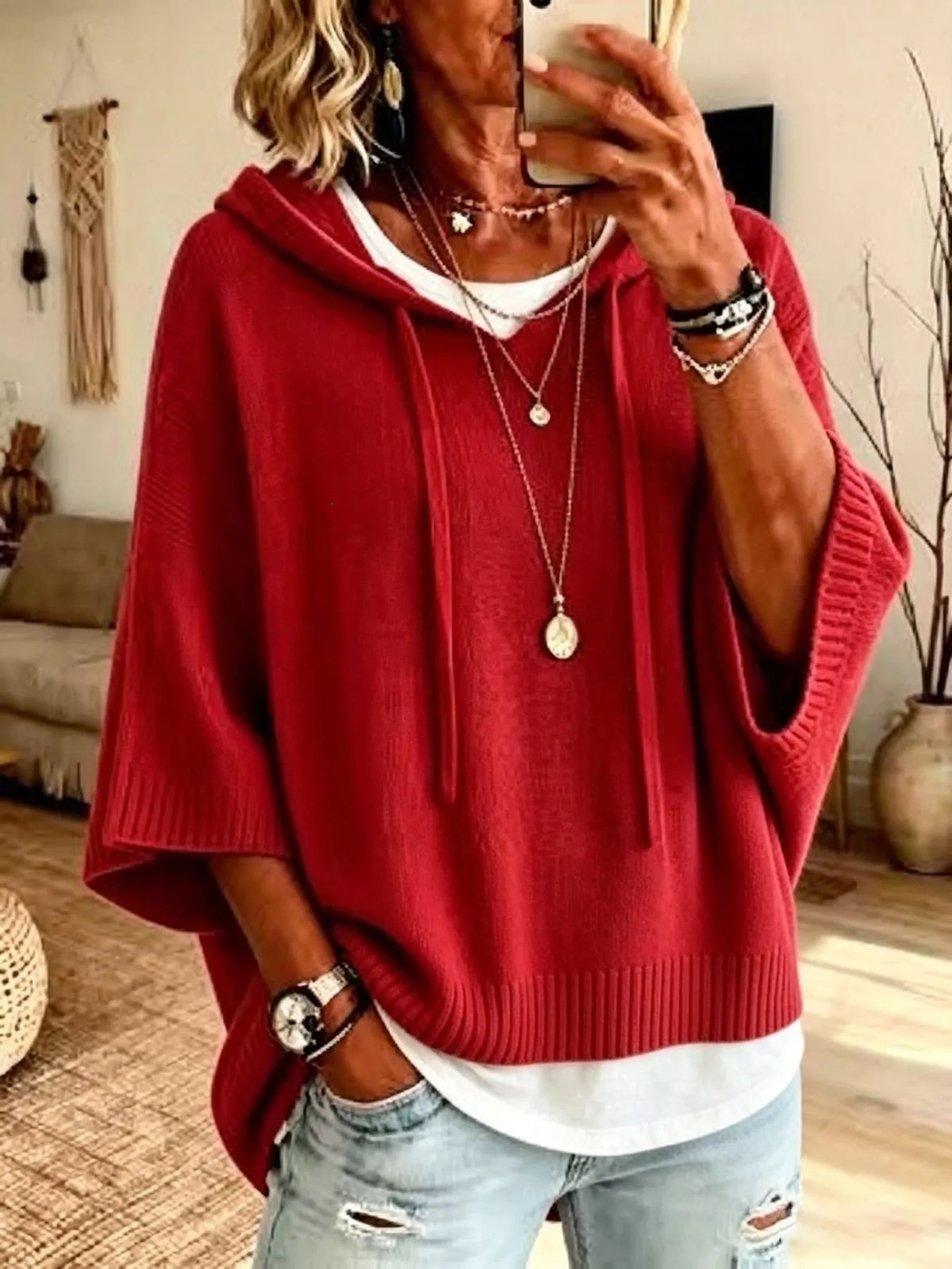 Full Size Casual Hooded Batwing Sleeve Knit Sweater Plus Size, view 7