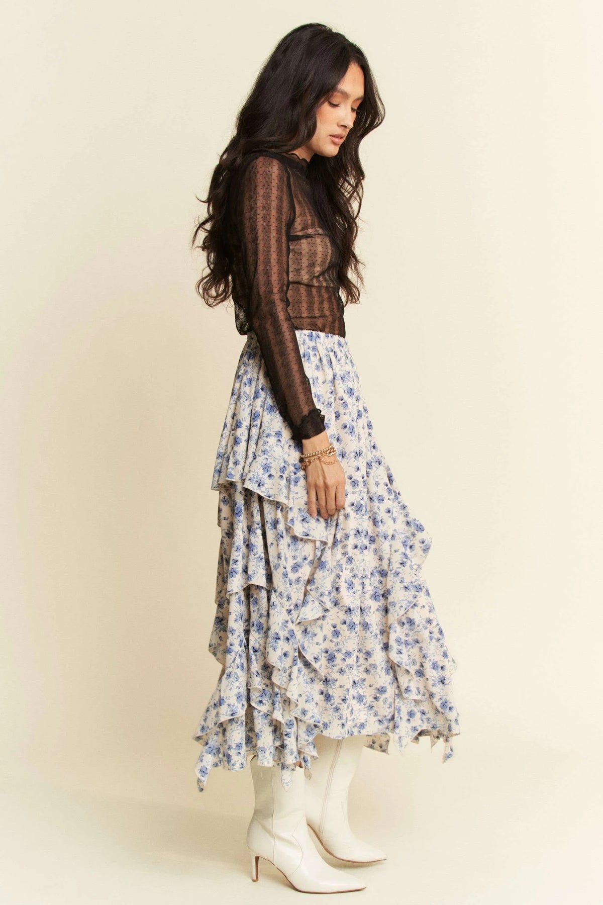 Davi & Dani Turtle Neck Lace Dotted Stretch Mesh Sheer Top - Lilixa.store