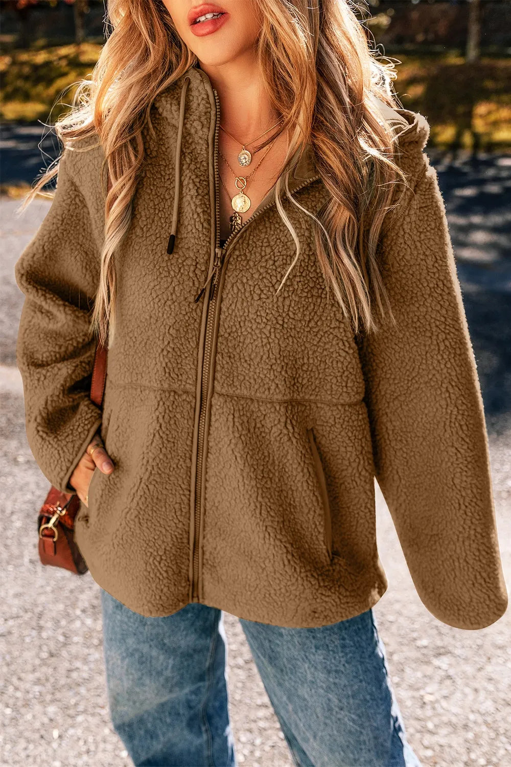 Drawstring Fleece Zip Up Hooded Jacket in Brown
