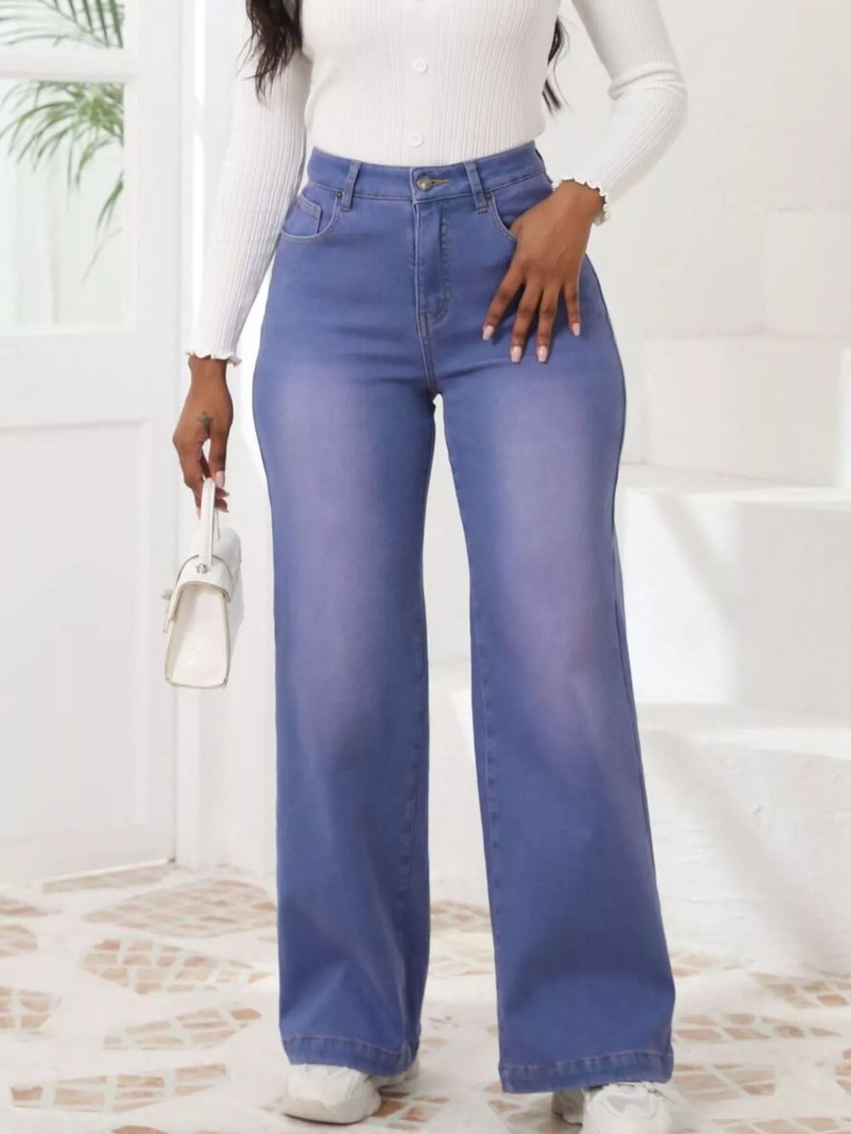 High-Waisted Washed Wide-Leg Jeans