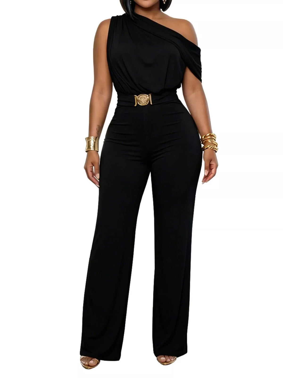 One-Shoulder Draped Wide Leg Jumpsuit