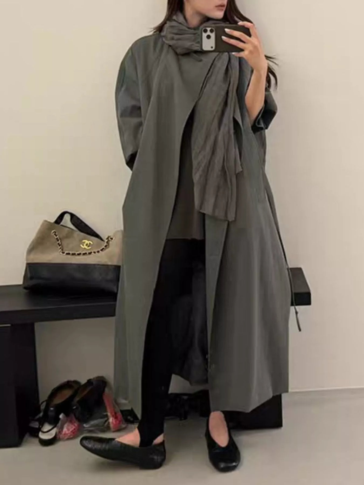 Drawstring Open Front Longline Trench Coat, view 5