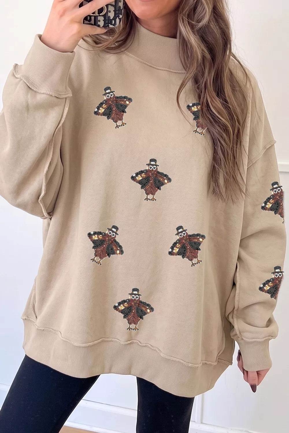 Sequin Turkey Mock Neck Exposed Seam Pullover Sweatshirt - Lilixa.store