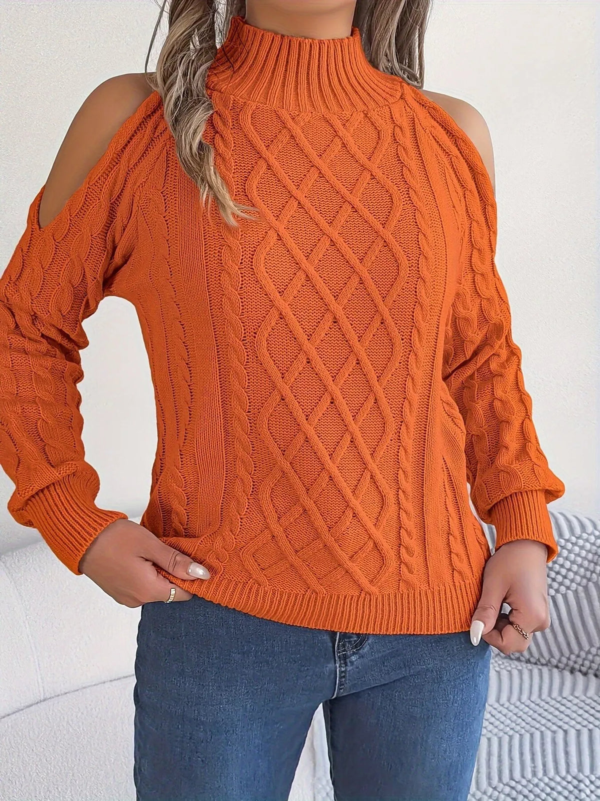Cold-Shoulder Cable Knit Sweater, view 3
