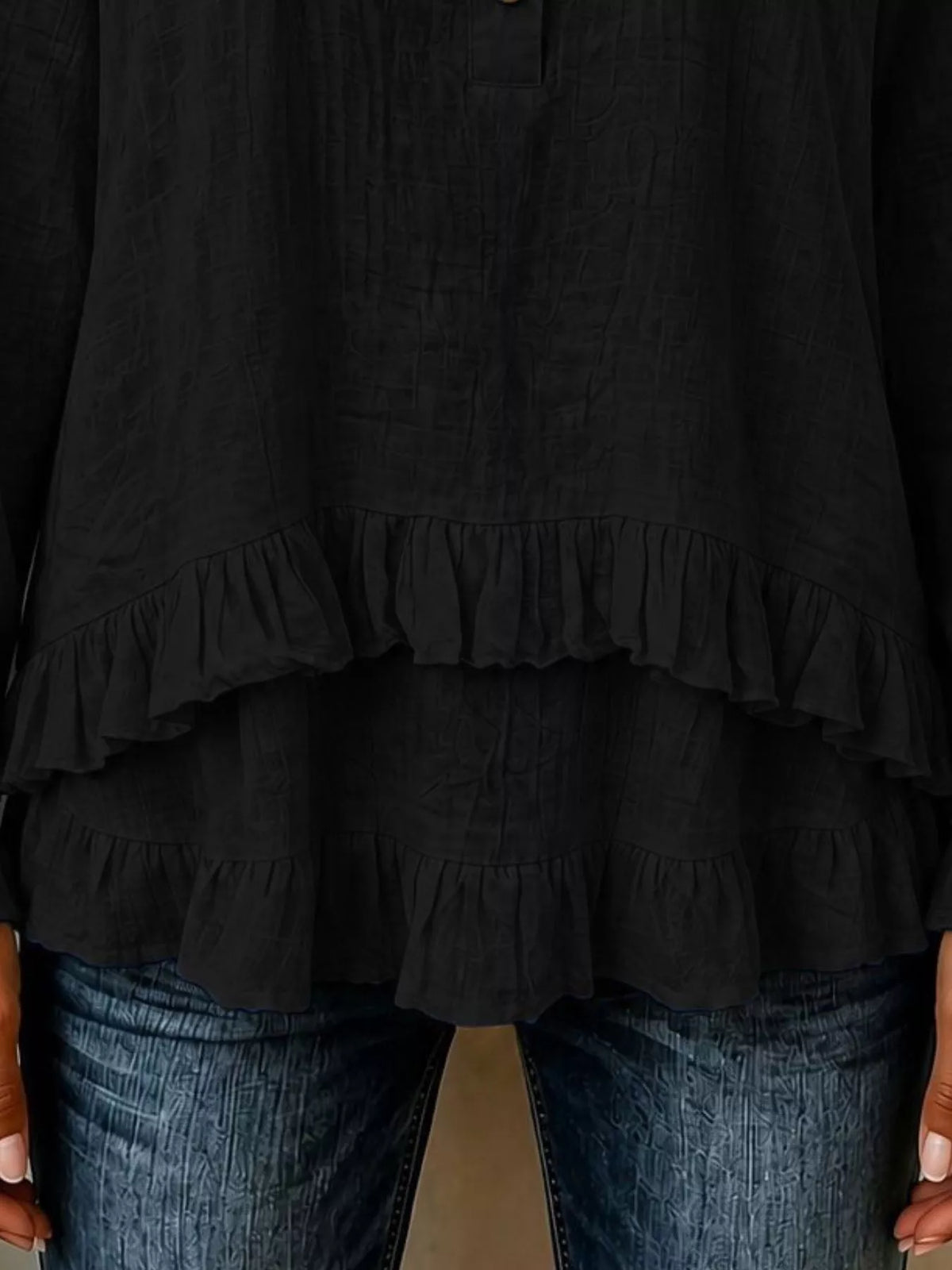 V-Neck Long Sleeve Button Detail Ruffled Hem Blouse - Lilixa.store