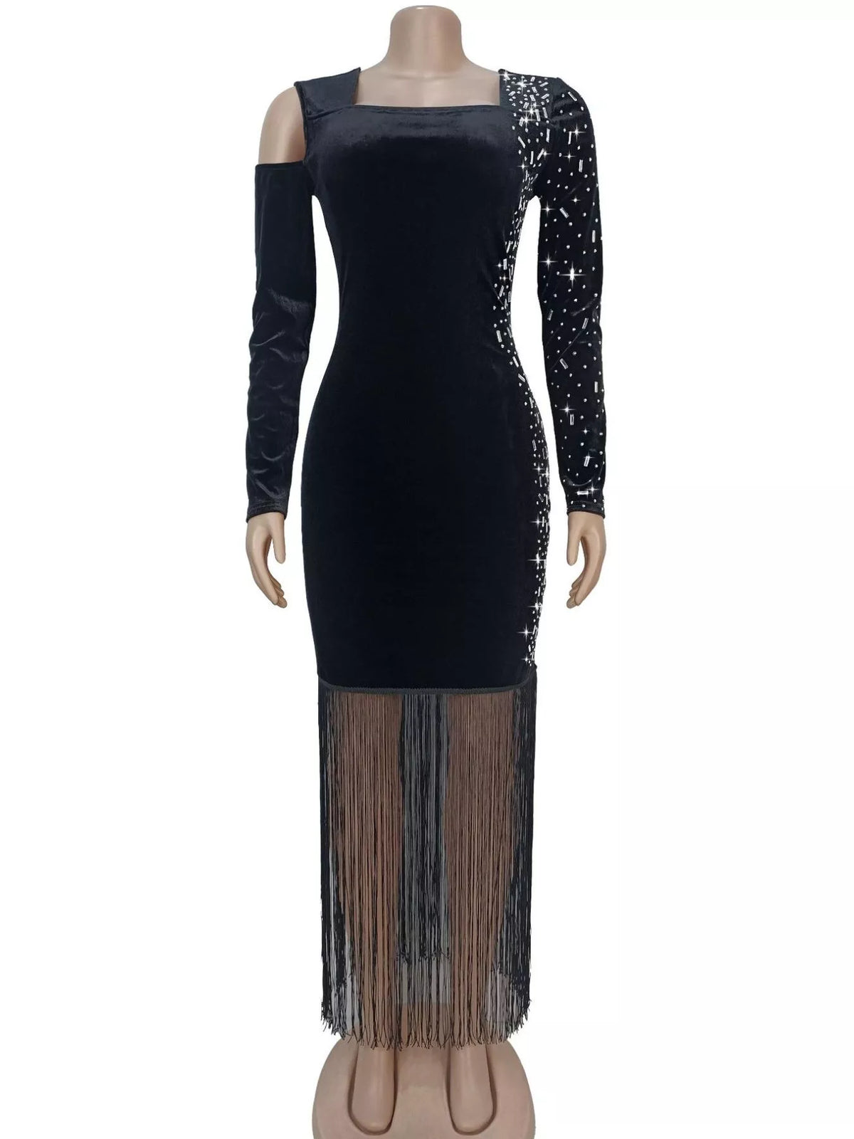 Asymmetrical Rhinestone Fringe Dress in Black, view 3