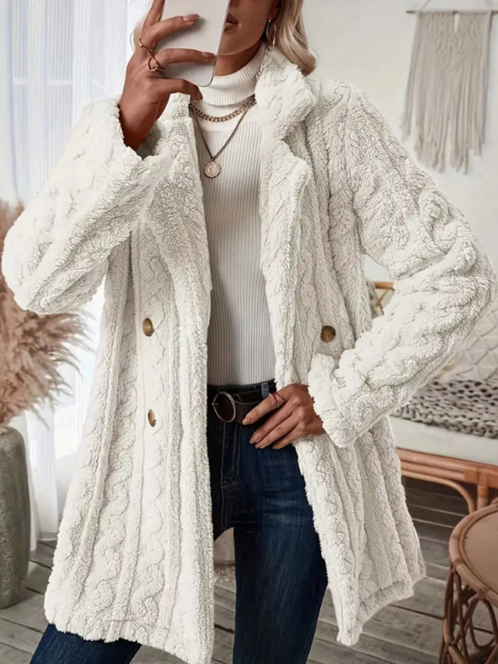 Cozy Faux Shearling Double-Breasted Outerwear in White