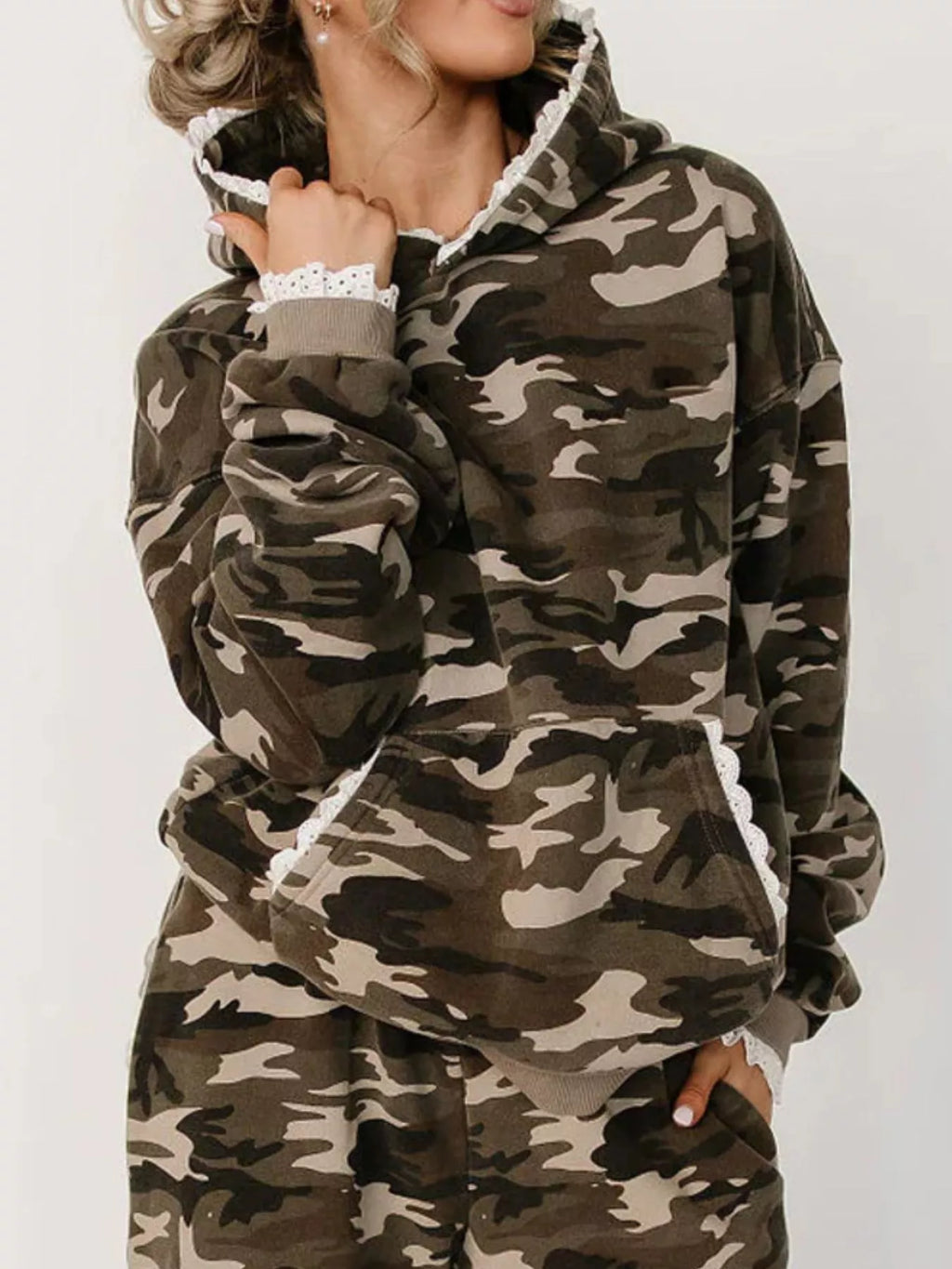 Lace Trim Kangaroo Pocket Hoodie - Lilixa.store