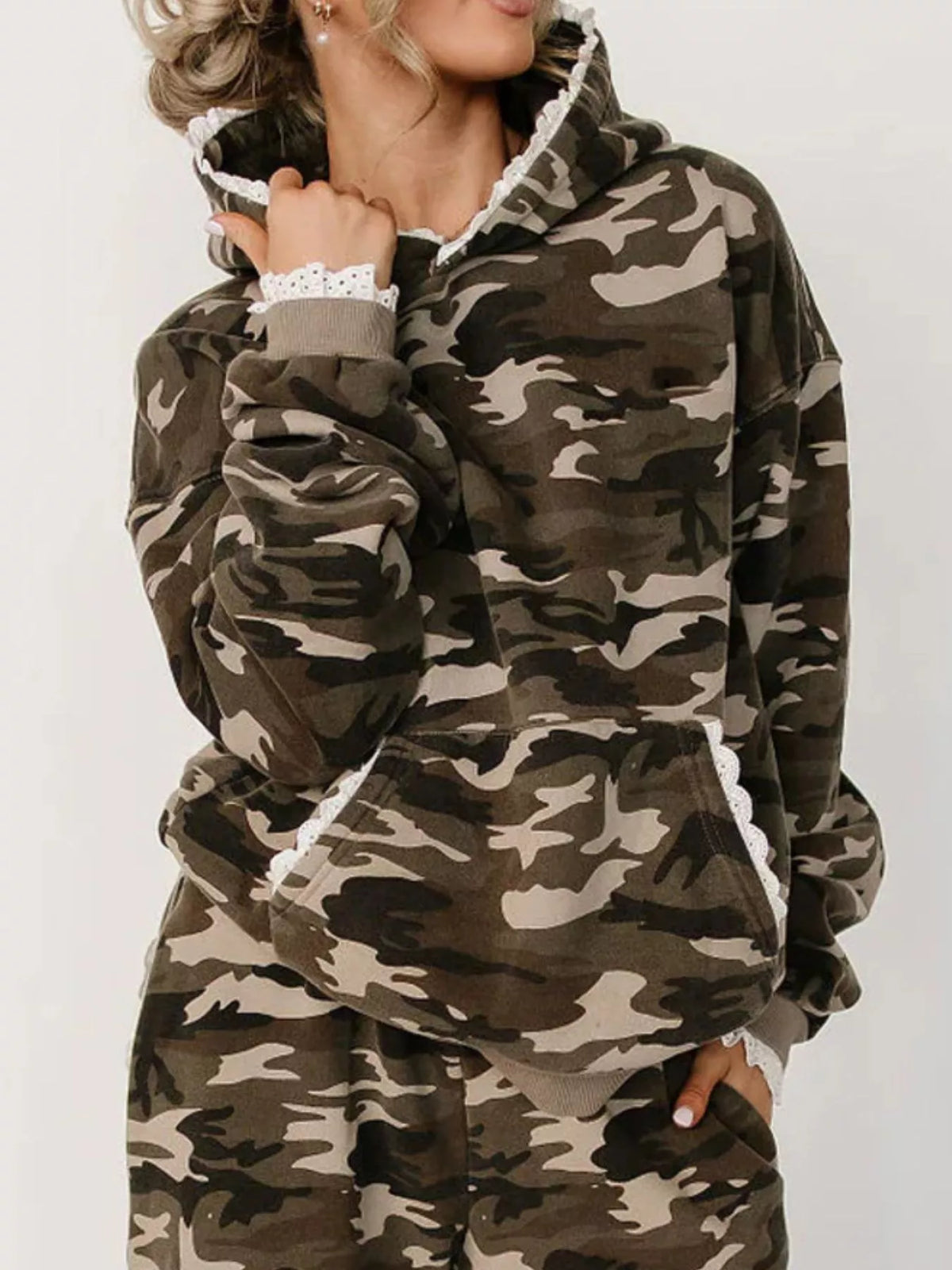 Lace Trim Kangaroo Pocket Hoodie - Lilixa.store