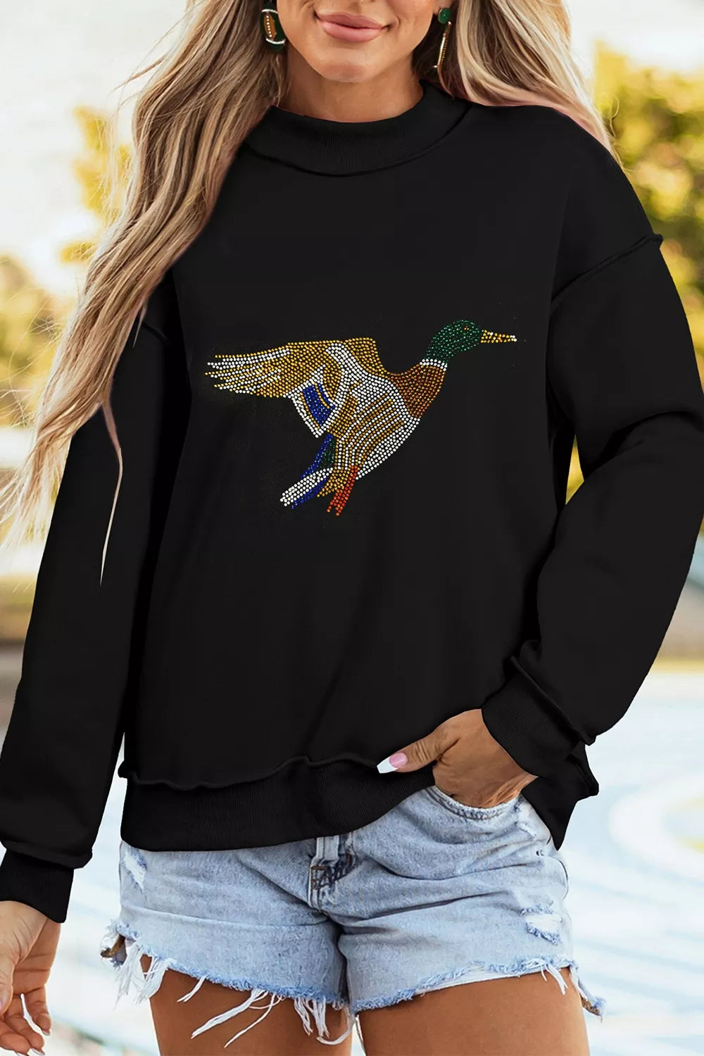 Rhinestone Flying Mallard Mock Neck Tunic Sweatshirt