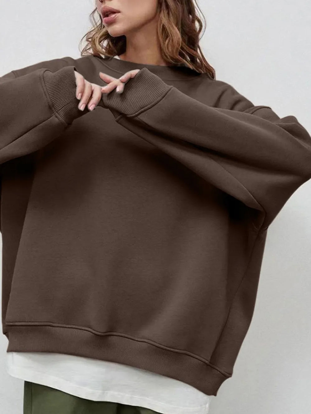 Round Neck Dropped Shoulder Long Sleeve Sweatshirt - Lilixa.store